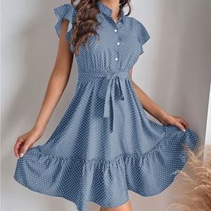 NWOT SHEIN Polka Dot Butterfly Sleeve Flounce Hem Belted Dress Size Small